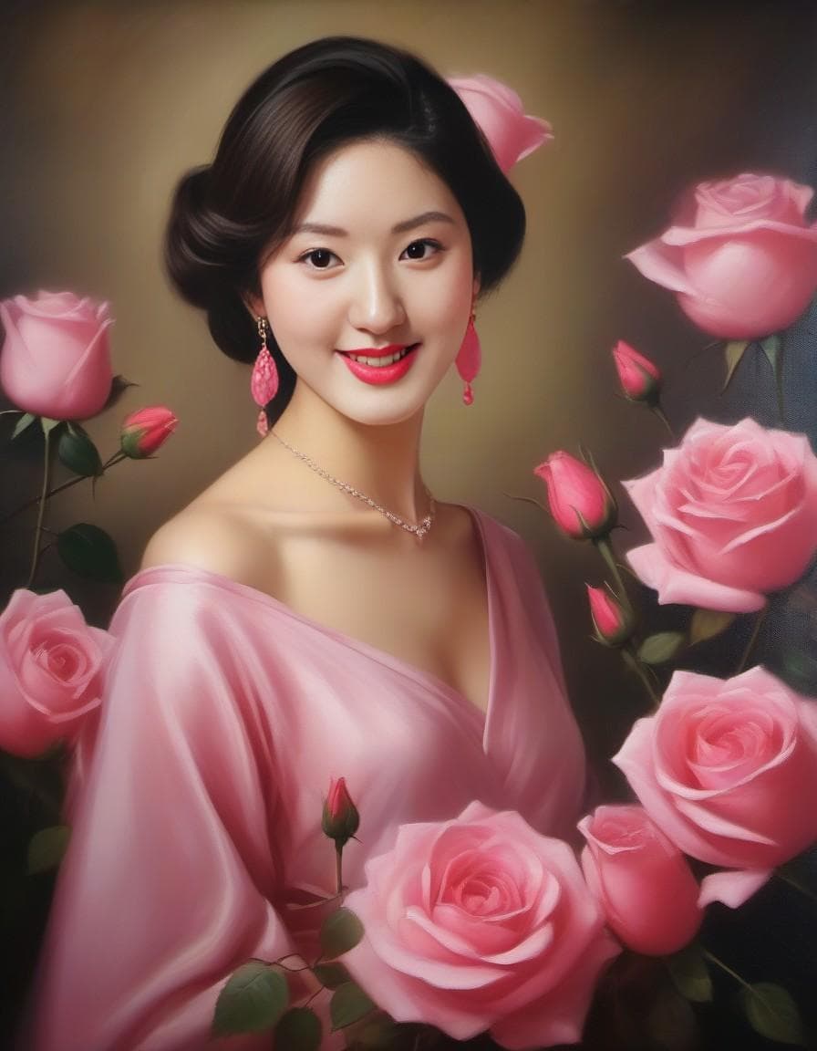AI generated: (((pink roses))), (oil painting:1.2), ((clasic oil painting)), tulip, divine face, smiling, lips, lo...