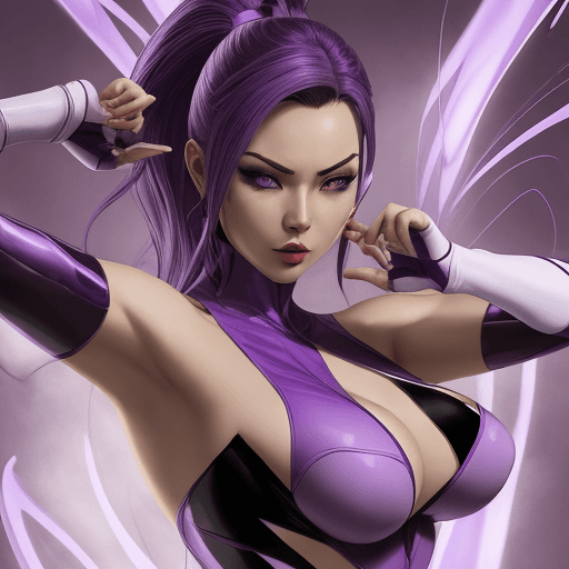 AI generated: female sexy villain using symphonic and martial arts powers, purple and white theme