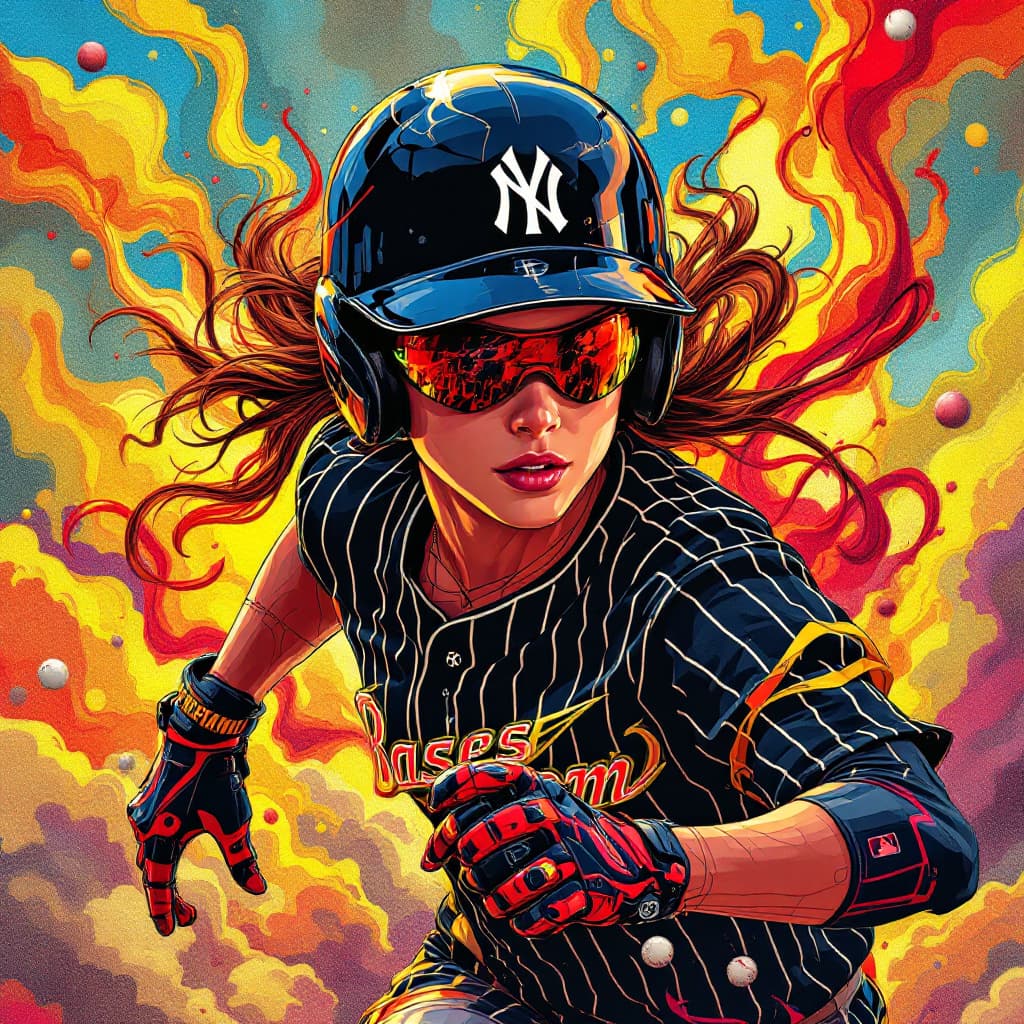 AI generated: an illustration of a flash gordon with a black baseball helmet and black pinstripe shirt with black ...