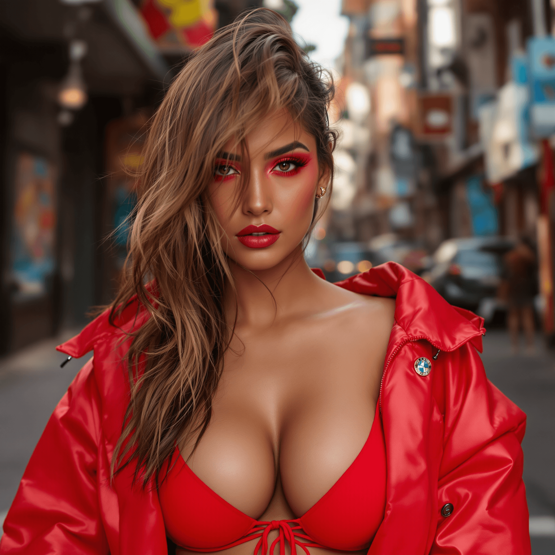 AI generated: latina female model with red urban clothes, standing front, pose. looking to front, full view portra...