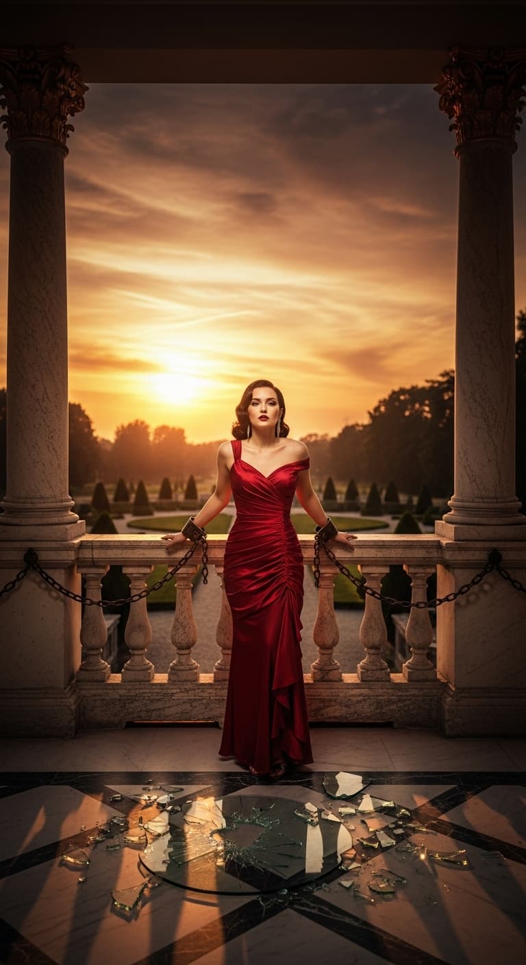 AI generated: Opulent mafia mansion veranda at sunset: a confident woman in a red cocktail dress chained to a marb...