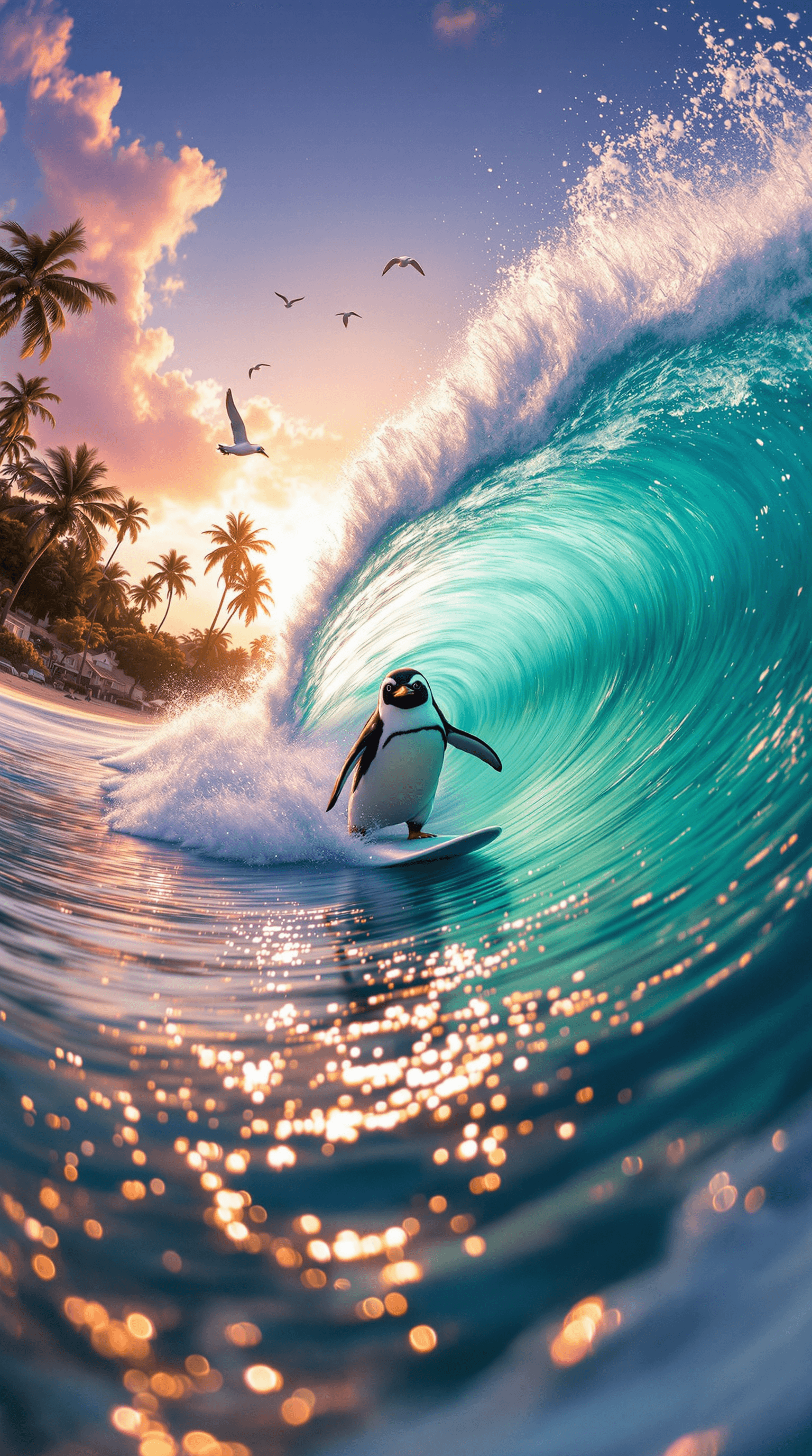 AI generated: A Humboldt penguin surfing a giant wave in a paradise beach at sunset, captured with a fisheye lens ...