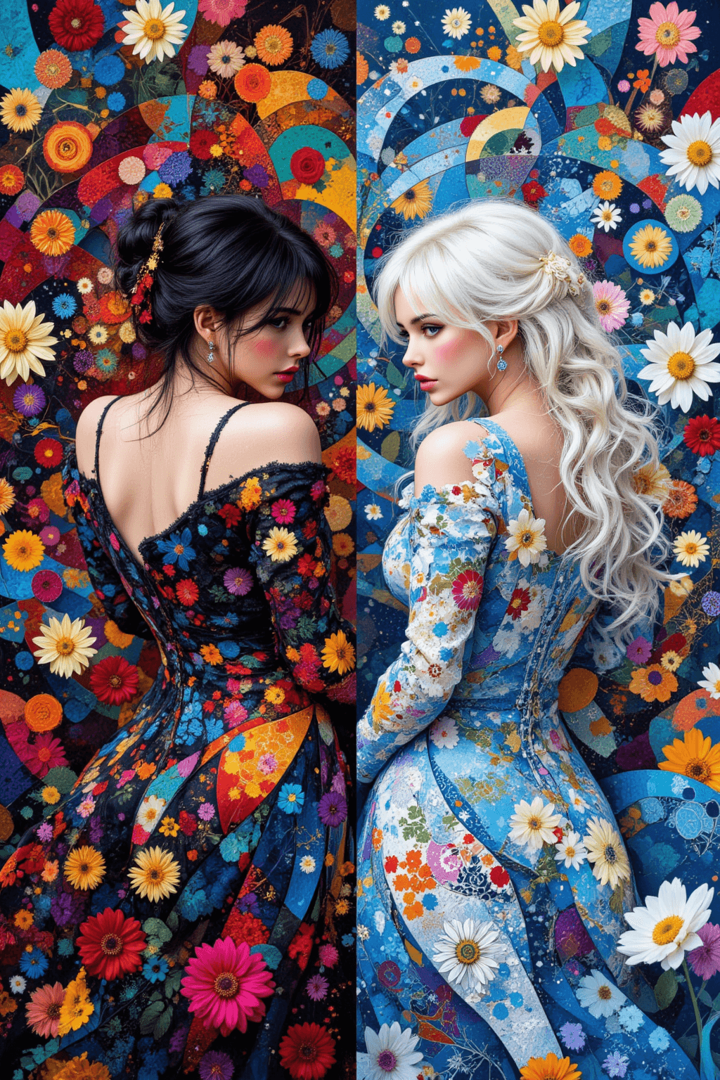 AI generated: two girls facing different direction, girl with black hair and red eyes facing to the left, girl wit...