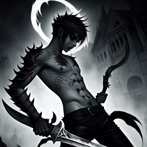 AI generated: demon boy
HD , postura con espada a ataque, si conbinar la espada al usuario,
 con un fondo de un lo...