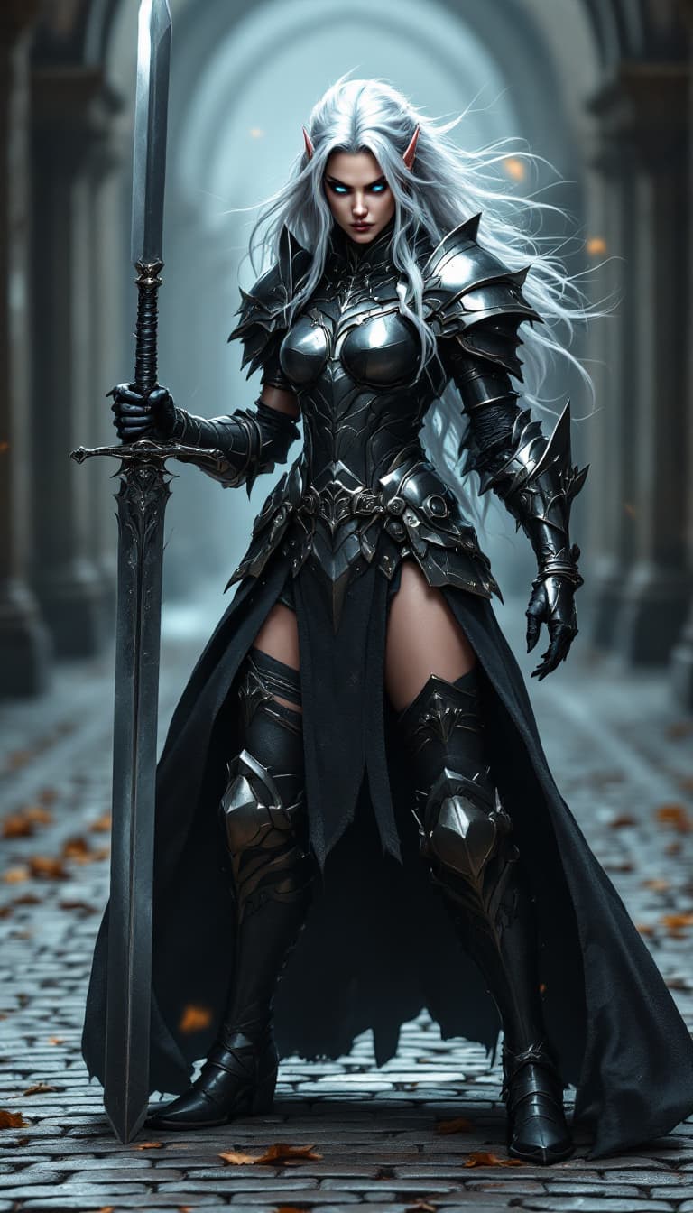AI generated: A commanding female protector presents a resolute stance, her long body and silver hair with dark ro...