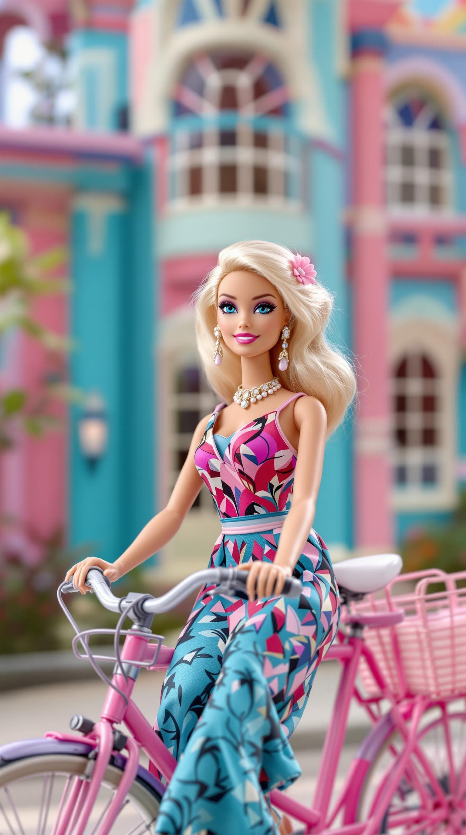 AI generated: photo, 18 year old barbie doll wearing art deco clothing sitting on a bicycle in front of her art de...