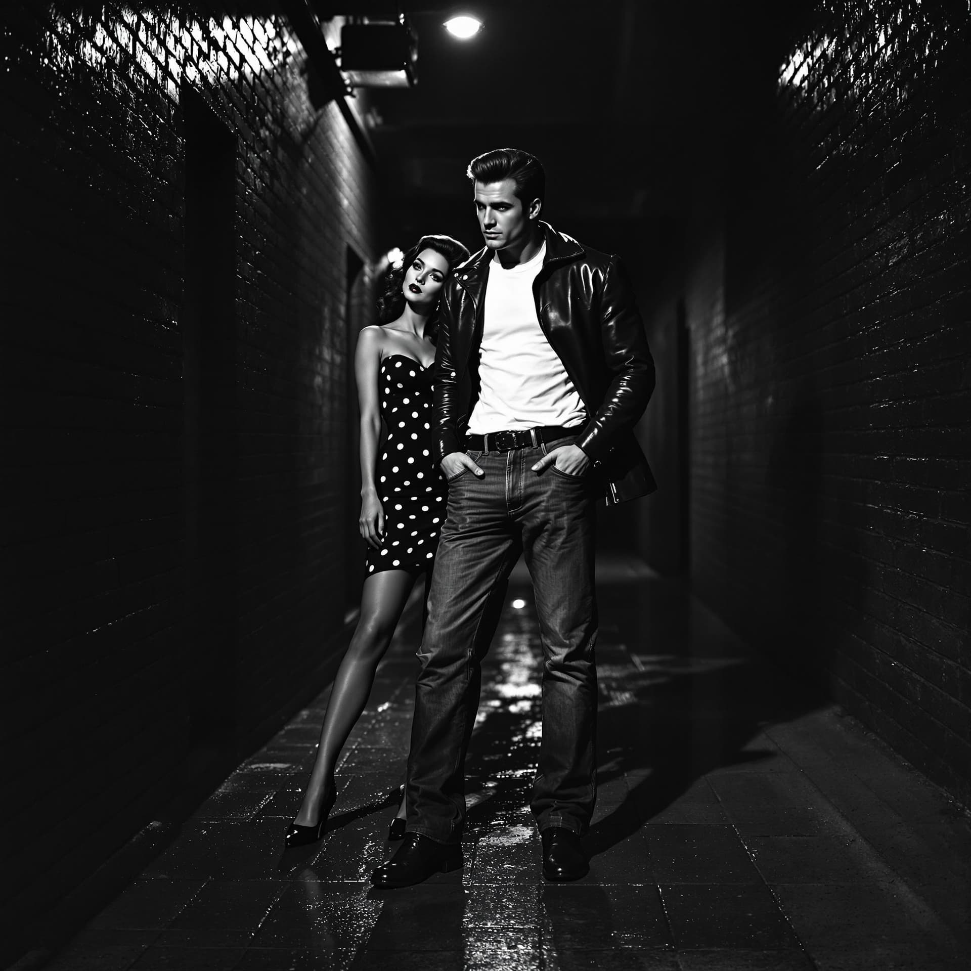 AI generated: "Depict a black-and-white 1950s action movie scene, photographed in the style of vintage film camera...