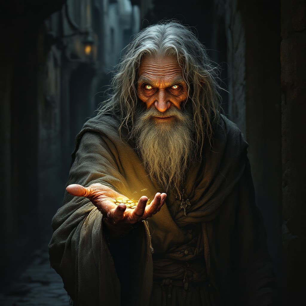AI generated: An old, strange man stands in a dark, forgotten alley or street, his posture bent and frail, yet the...
