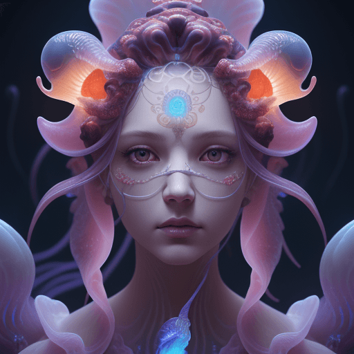 AI generated: Goddess close-up portrait ribcagel. jellyfish phoenix head, nautilus, orchid, skull, betta fish, bio...
