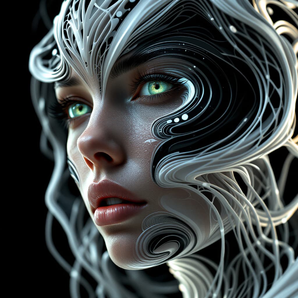 AI generated: Hyper-realistic futuristic portrait of a woman seamlessly merging with a three-dimensional abstract ...