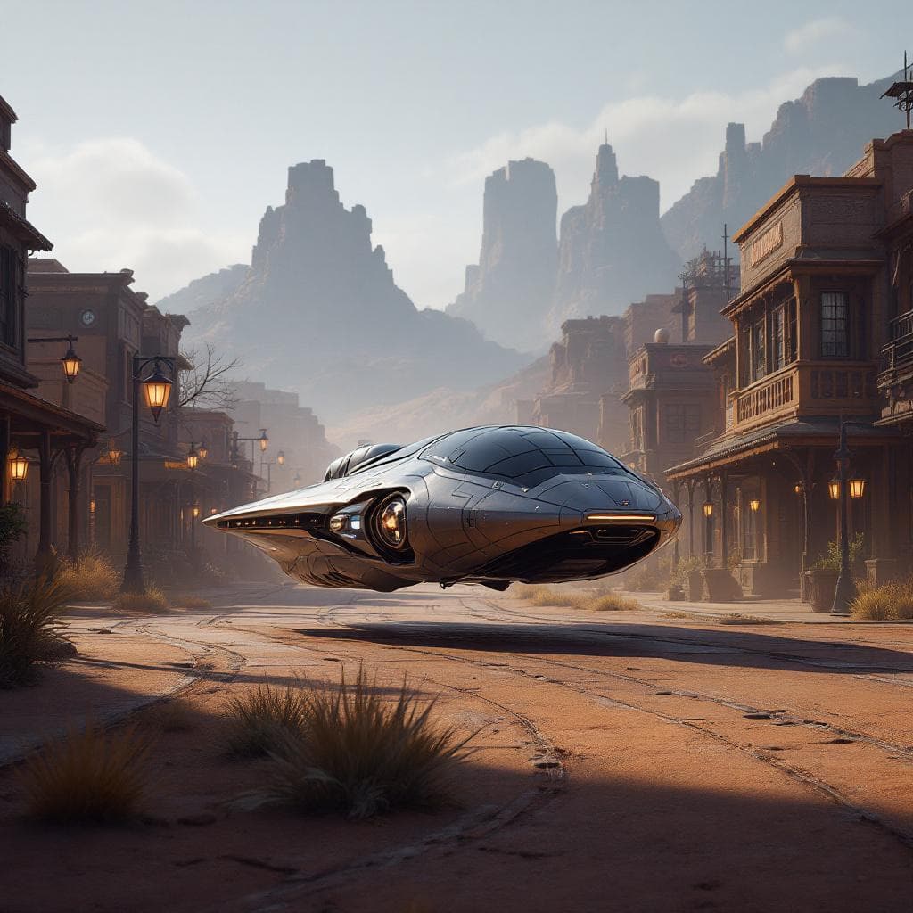 AI generated: Create a sleek, futuristic land speeder that can float across the rough terrain of the Old West. Unr...