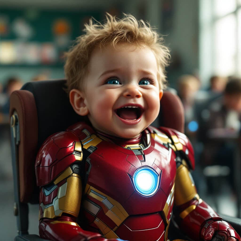 AI generated: baby iron man with laugh, realistic, cinematic, sitting in a school
