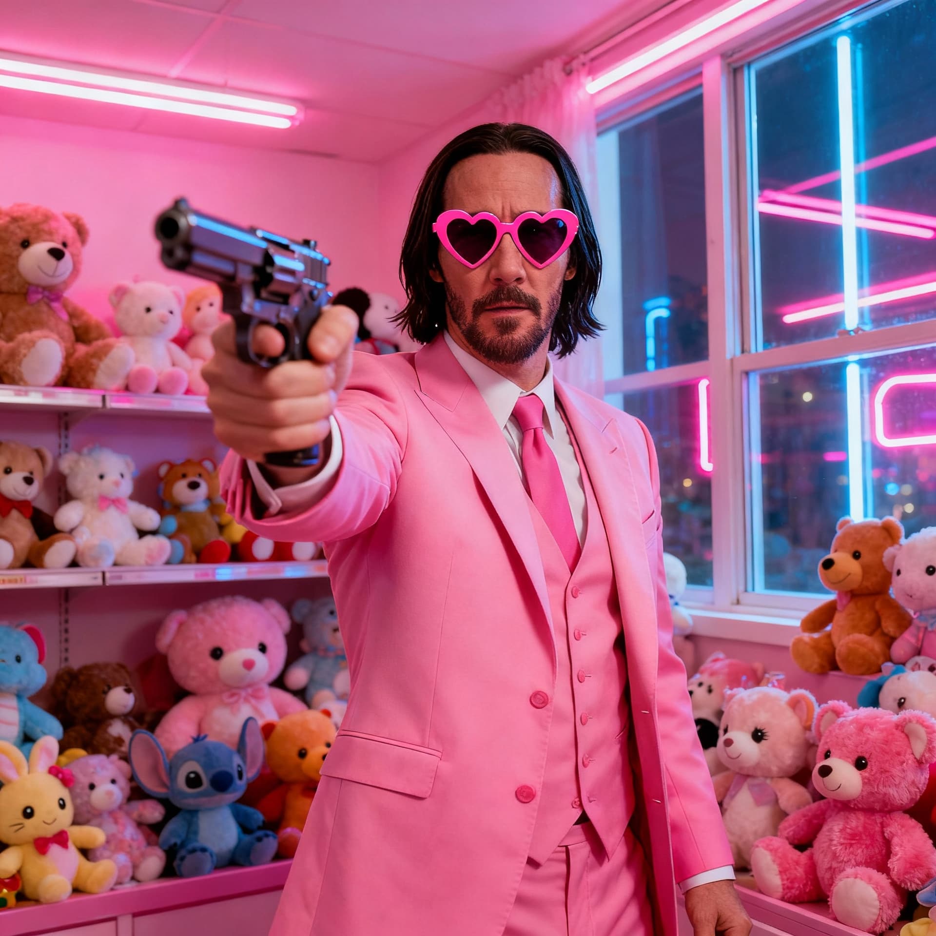 AI generated: John Wick in pink suit and pink heart sunglasses, pointing a magnum pistol at the camera, in a Barbi...