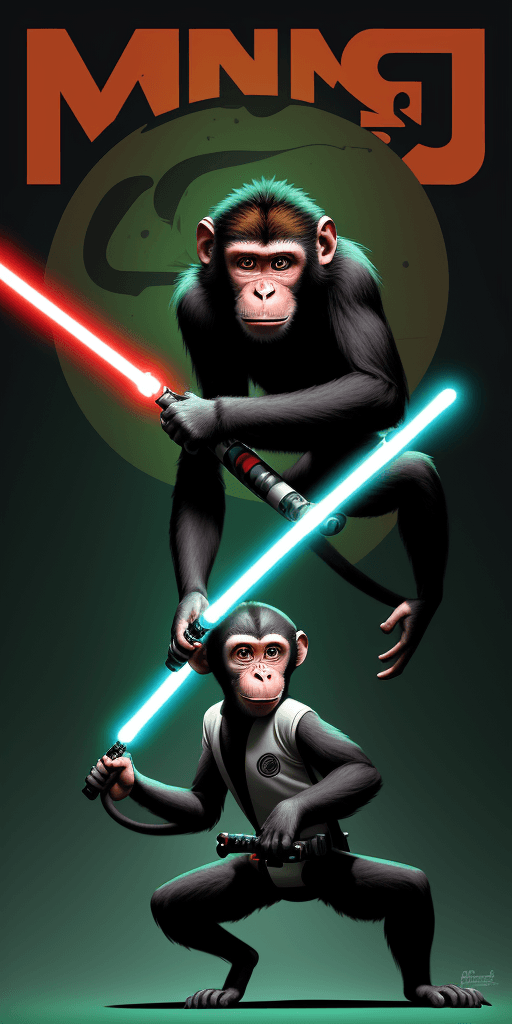 AI generated: A monkey playing at the zoo The morning with a lightsaber, Vector art, low contrast, digital art, in...
