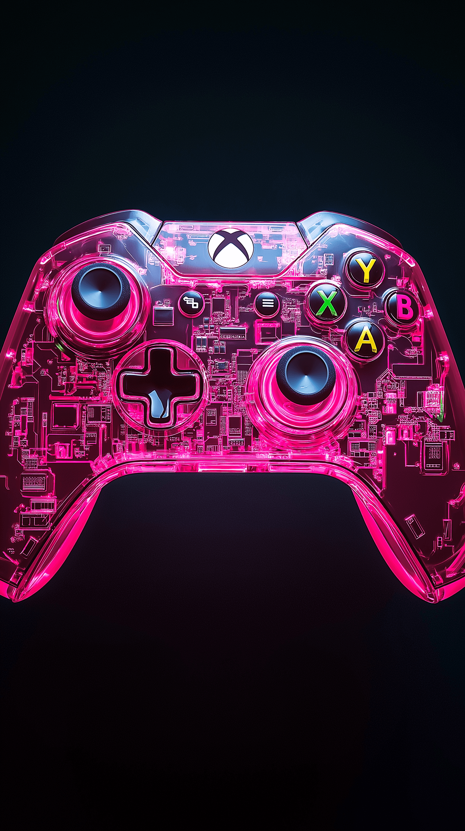 AI generated: hot pink color XBOX controller encased in acrylic shell, internal circuit board and buttons, black b...