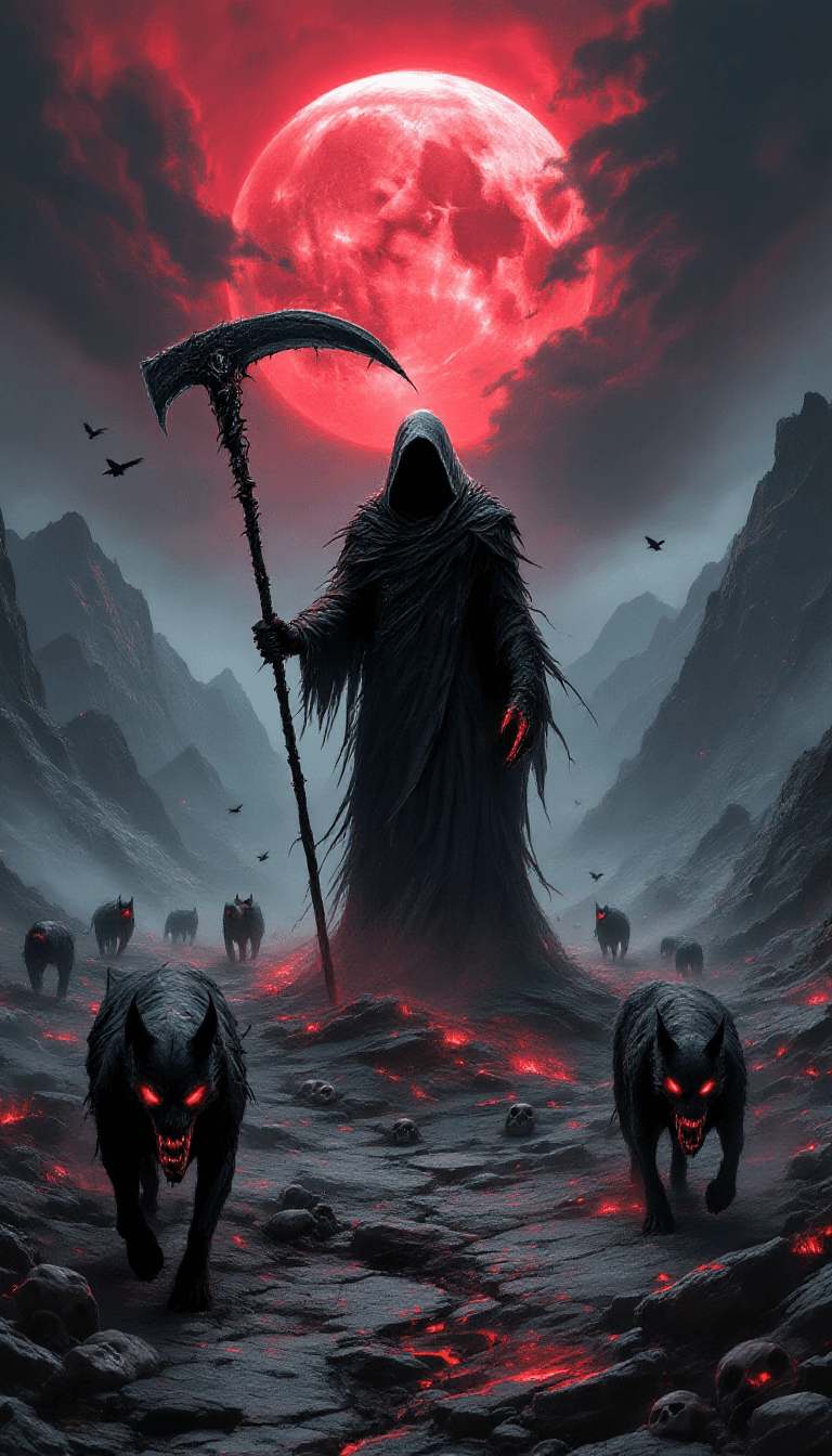 AI generated: A towering, cloaked grim reaper stands at the center of a desolate hellscape, holding a massive, jag...