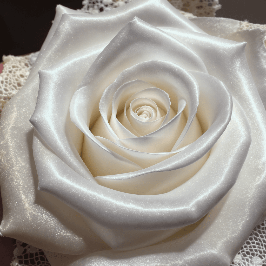 AI generated:  a rose made of white satin and lace,close up view,very fine textures and details,light reflections,