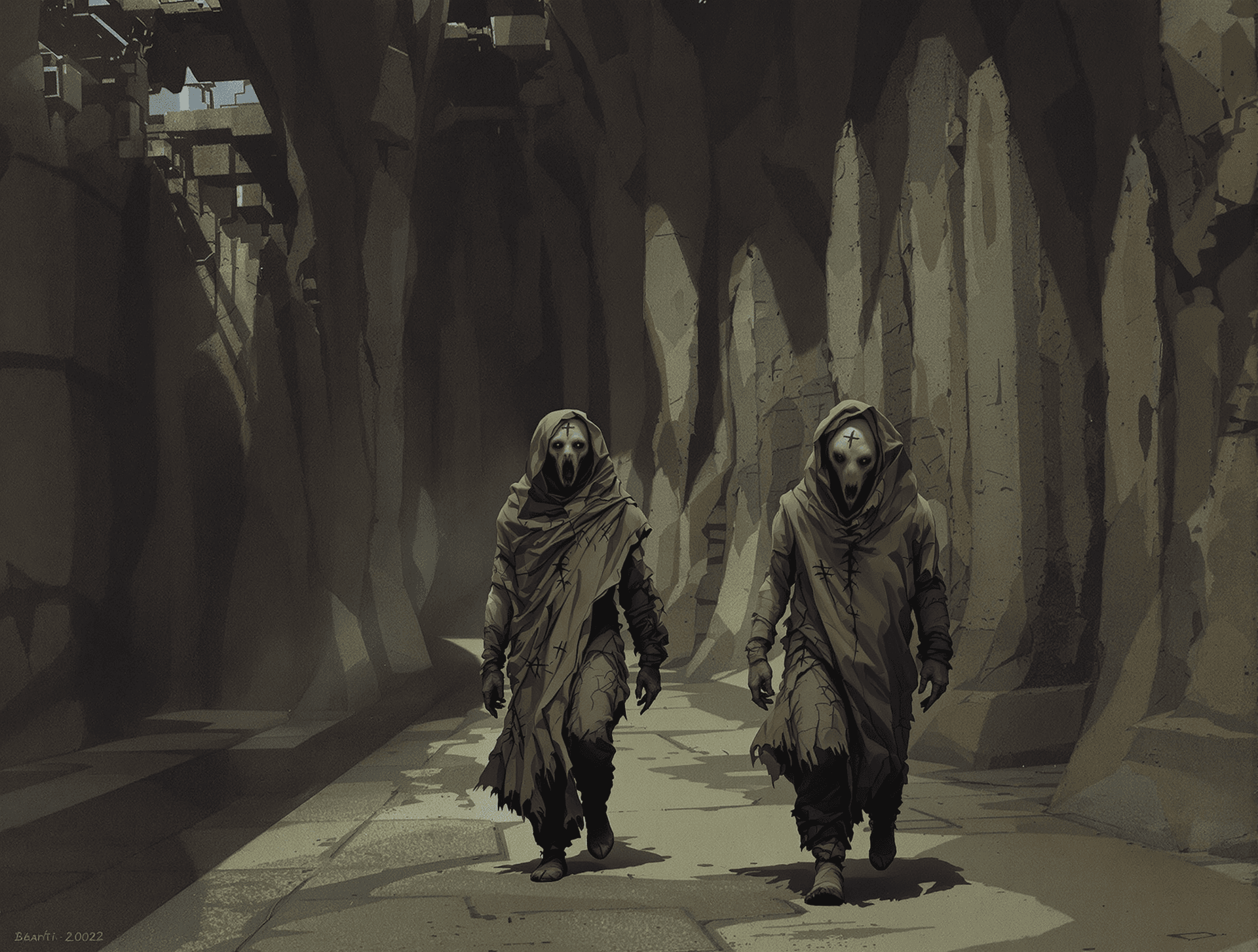 AI generated: /Artprompt Sci-fi, create a dystopian futuristic scene depicting two (strange beings:1.5) resembling...