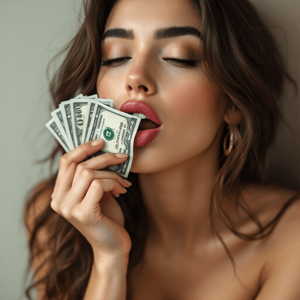 AI generated: sexy woman lick money in her hand