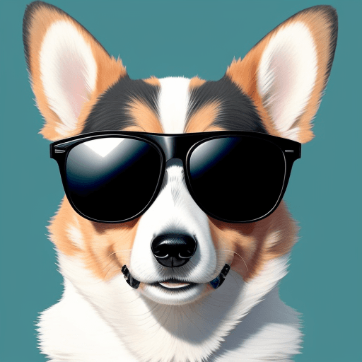 AI generated: portrait of a corgi with black glasses, symmetry, artstation
