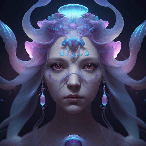 AI generated: Goddess close-up portrait ribcagel. jellyfish phoenix head, nautilus, orchid, skull, betta fish, bio...