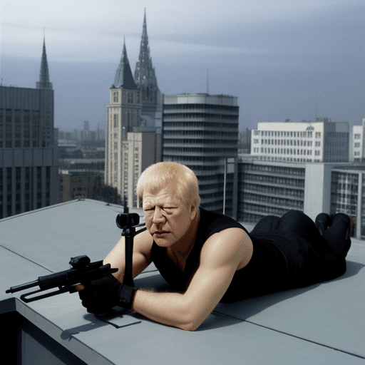 AI generated: Boris Yeltsin lying on the rooftop with a sniper rifle