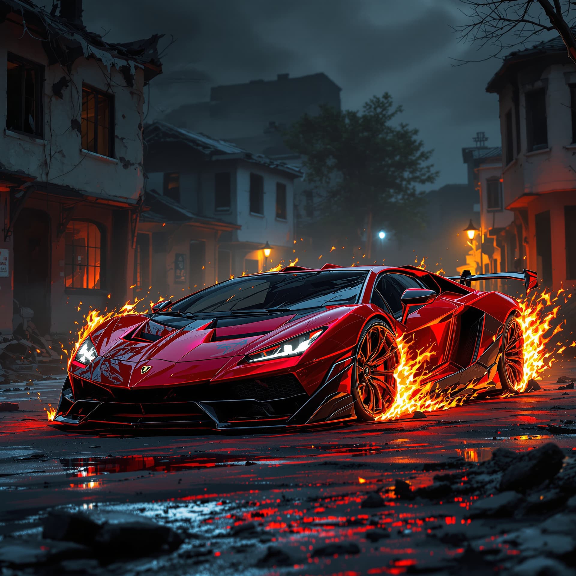 AI generated: a super glossy shiny candy red and black hypercar lamborghini has flames coming off of it's wheels i...