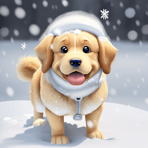 AI generated: Pixar caricature style, golden retriever dog, snowy background, snow on face