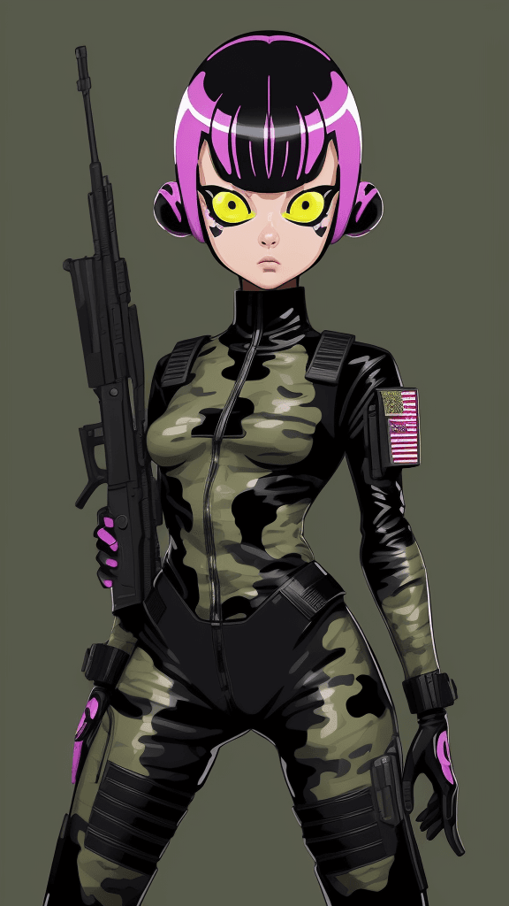 AI generated: in a funky army background portrait of little alien woman, wearing army attire, holding a weapon, Pr...