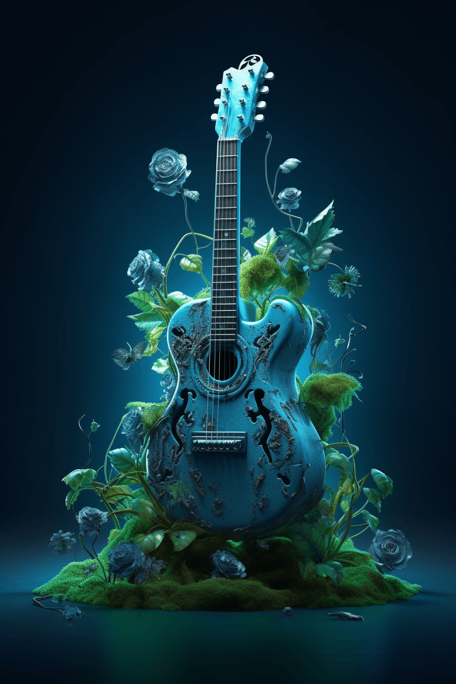 AI generated: A guitar made of skulls, entwined with thorny plants adorned with small green leaves, the entire com...