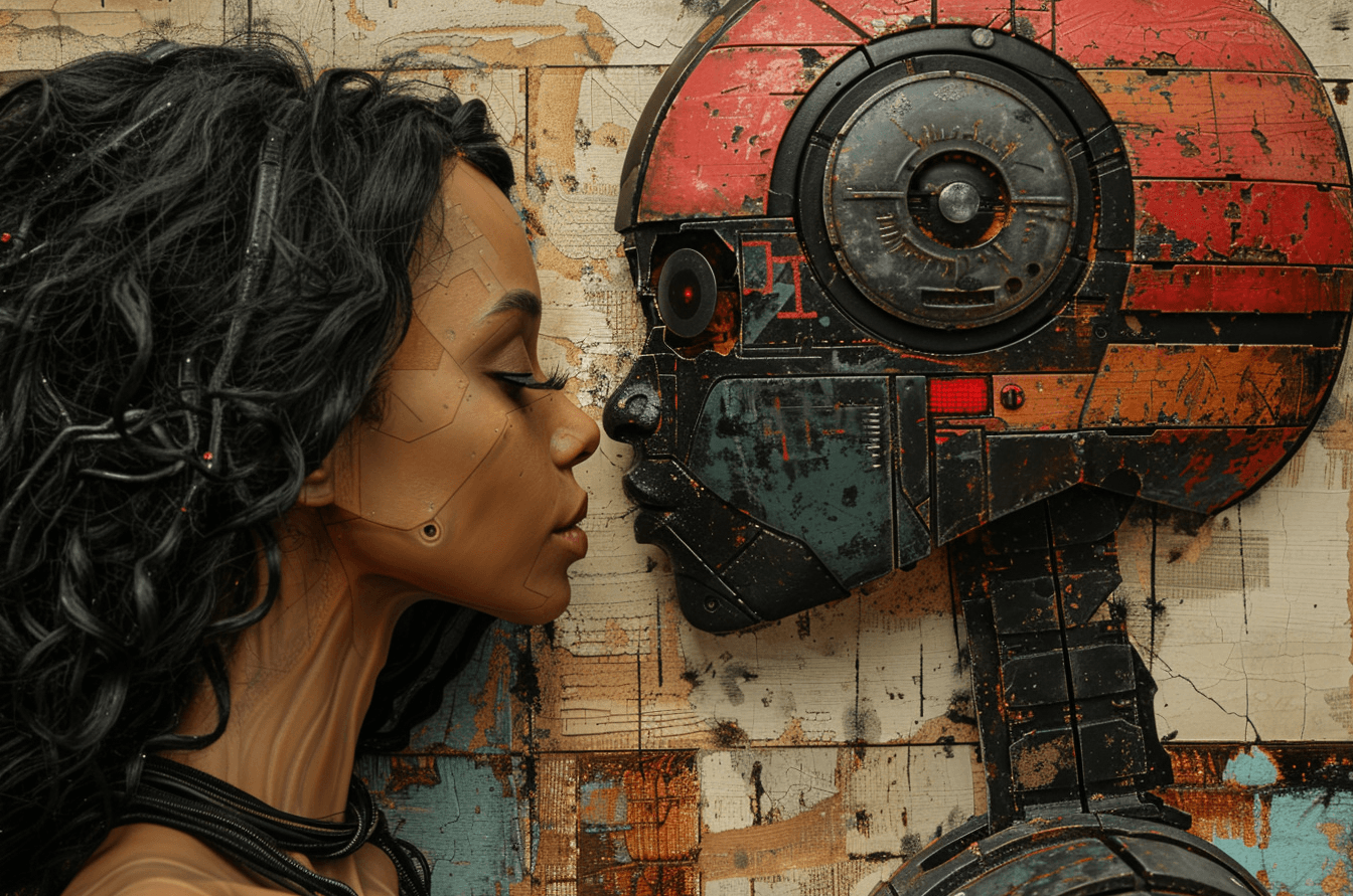 AI generated: black android woman and the robot, in the style of anime art, emotive portraits, dreamy girl by Sam ...