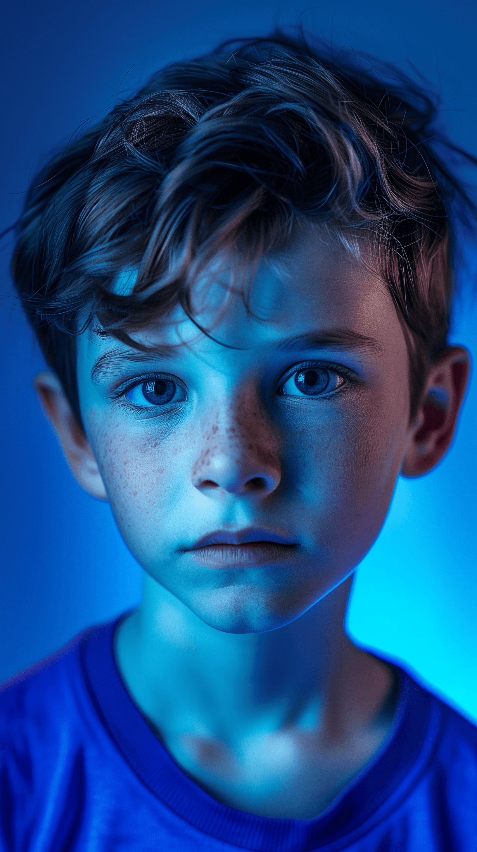 AI generated: photography, front shot, upper-body, boy model, gaze, contrast, all blue hue, solid blue backdrop, b...