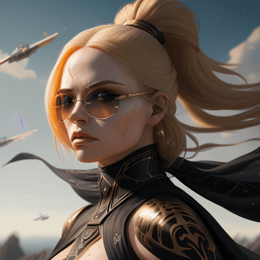 AI generated: female Sith lord from STAR WARS, gold hair, beautiful girl, detailed face, flying sky, face to face,...
