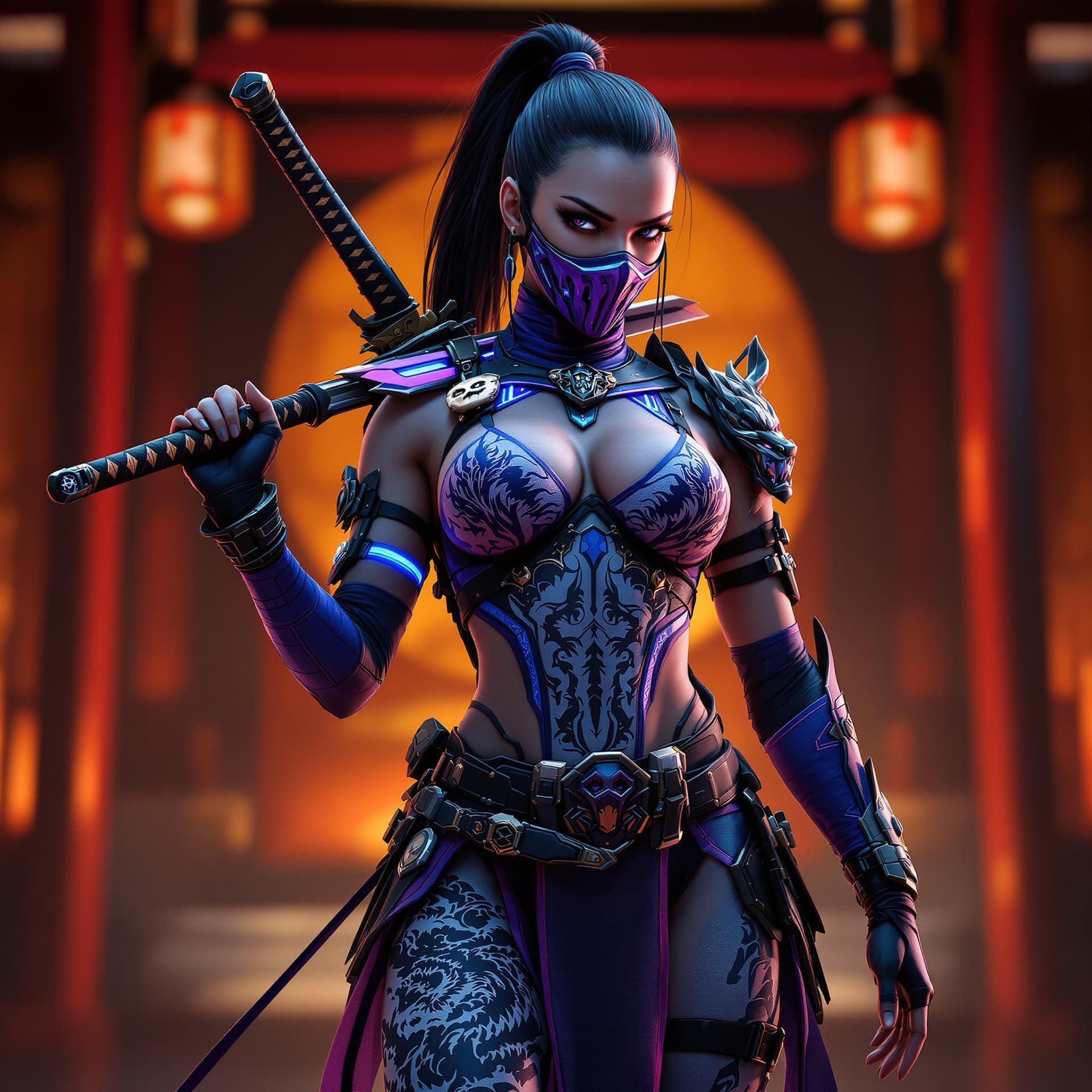 AI generated: Ultra-realistic cyberpunk Kitana, Mortal Kombat character, wearing intricate warrior suit, blue with...
