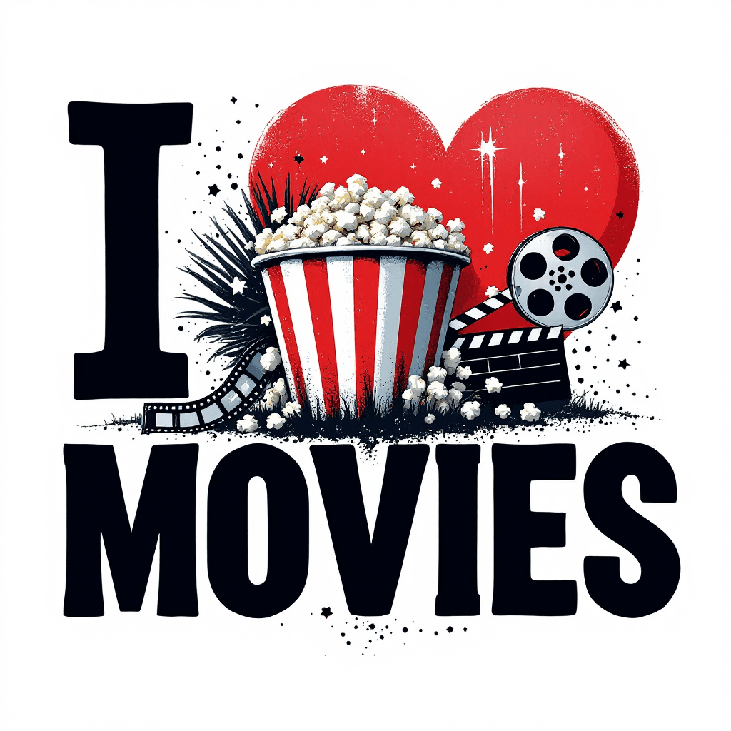 AI generated: Create a cinematic graphic featuring the bold text "I LOVE MOVIES" on a clean, sharp white backgroun...