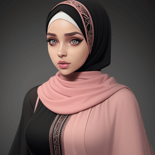 AI generated: Girl, 18oyo, hazel green eyes, pink lips, black eyeliner in her eyes, (wearing a hijab:1.9), (fullbo...