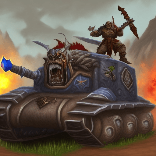 AI generated: World of Warcraft mighty orc warrior with battlegear riding a tank.
