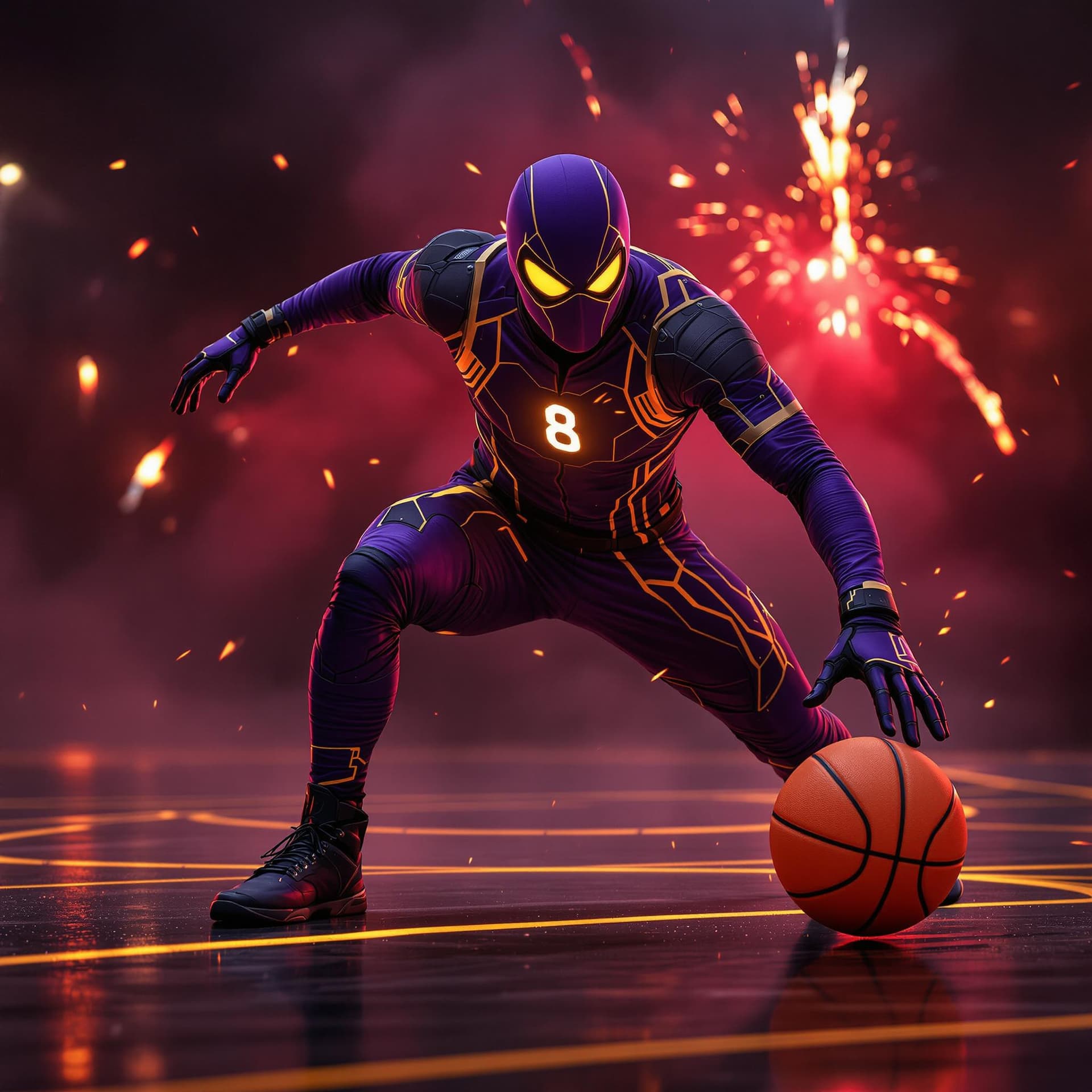 AI generated: FUTURE BASKETBALL PLAYER IN A TIGHT PURPLE WITH YELLOW SUPERHERO DETAILED SUIT WITH A FACE MASK AND ...