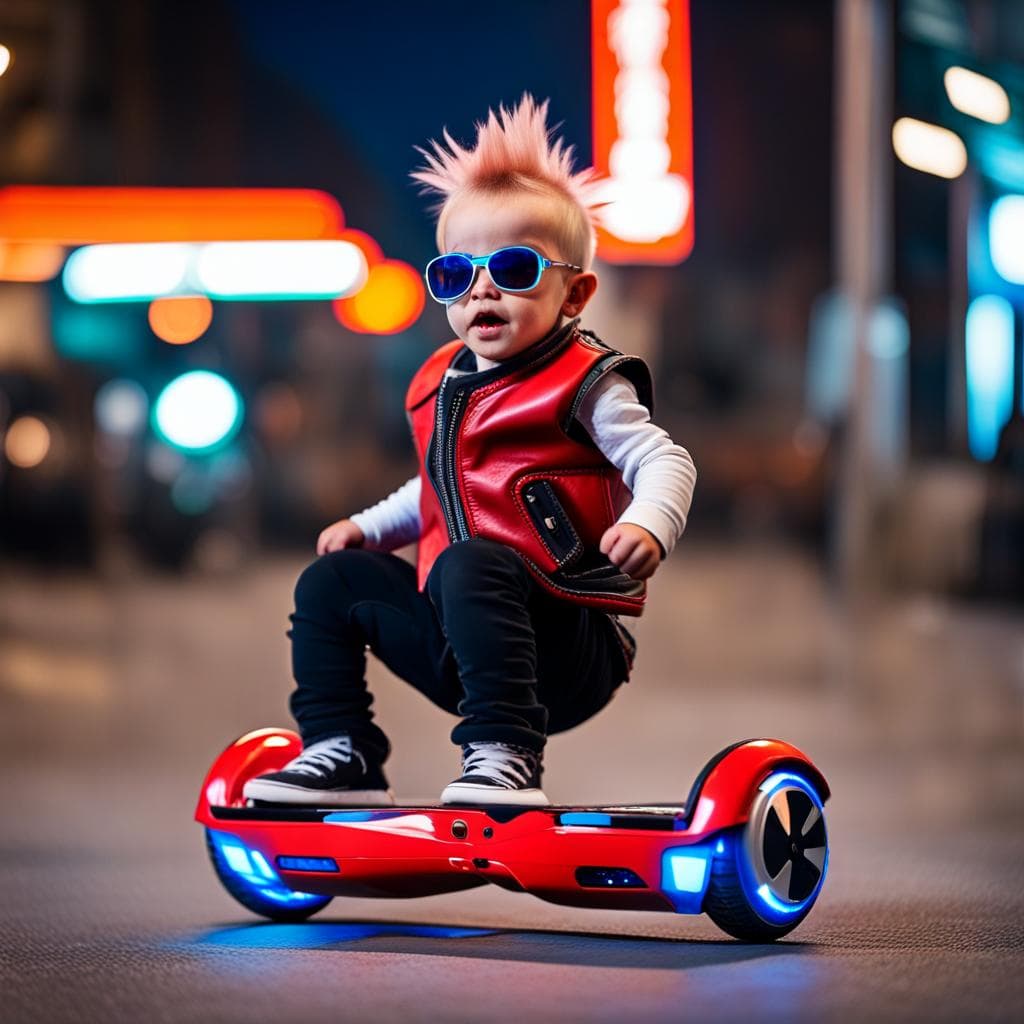 AI generated: a cute punkrock mohawk hairdo toddler riding a futuristic hoverboard and wearing a leather vest, bus...