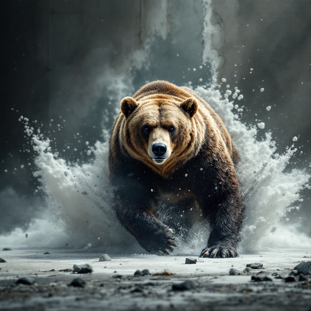 AI generated: AI art captures a powerful break out effect, where the bear dramatically breaches the wall, conveyin...