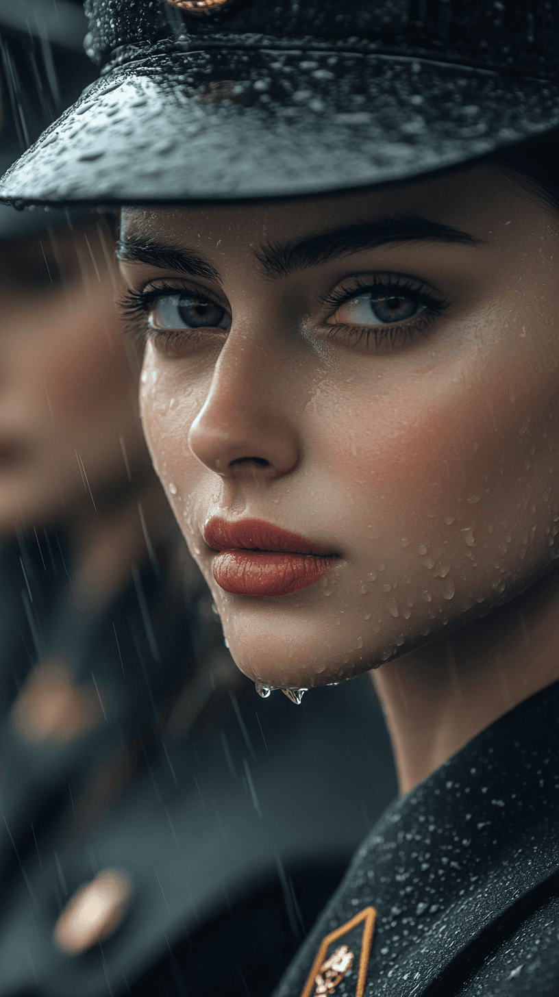 AI generated: Up close, observe several cold white Russian women in uniforms with beautiful faces. Rainwater flows...