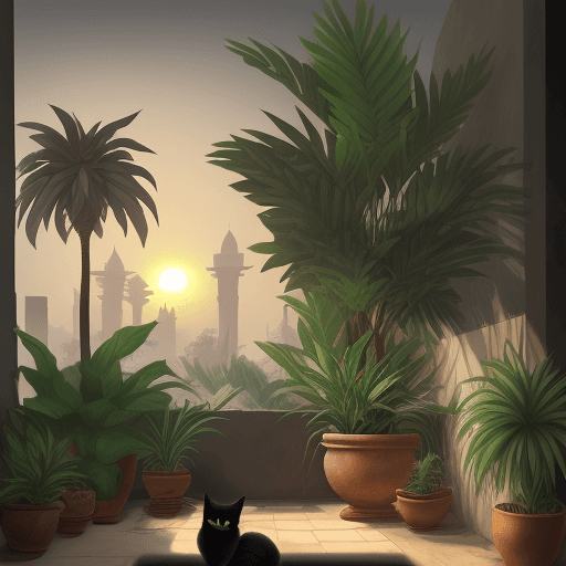 AI generated: The hanging gardens of ancient babylon. Heat and humidity. Sunrise.Vegetation. A small black cat sle...