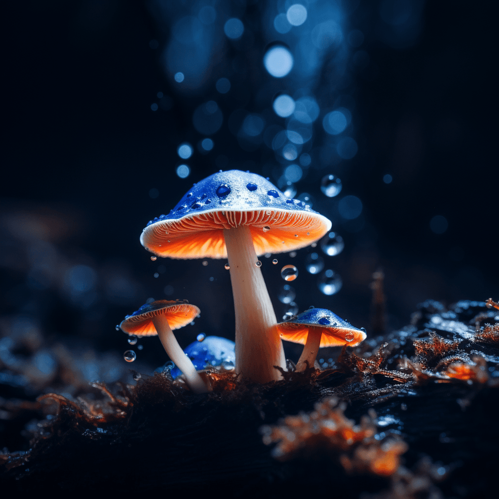 AI generated: the image of a blue and white mushroom, in the style of otherworldly, soggy, sparklecore, spiky moun...