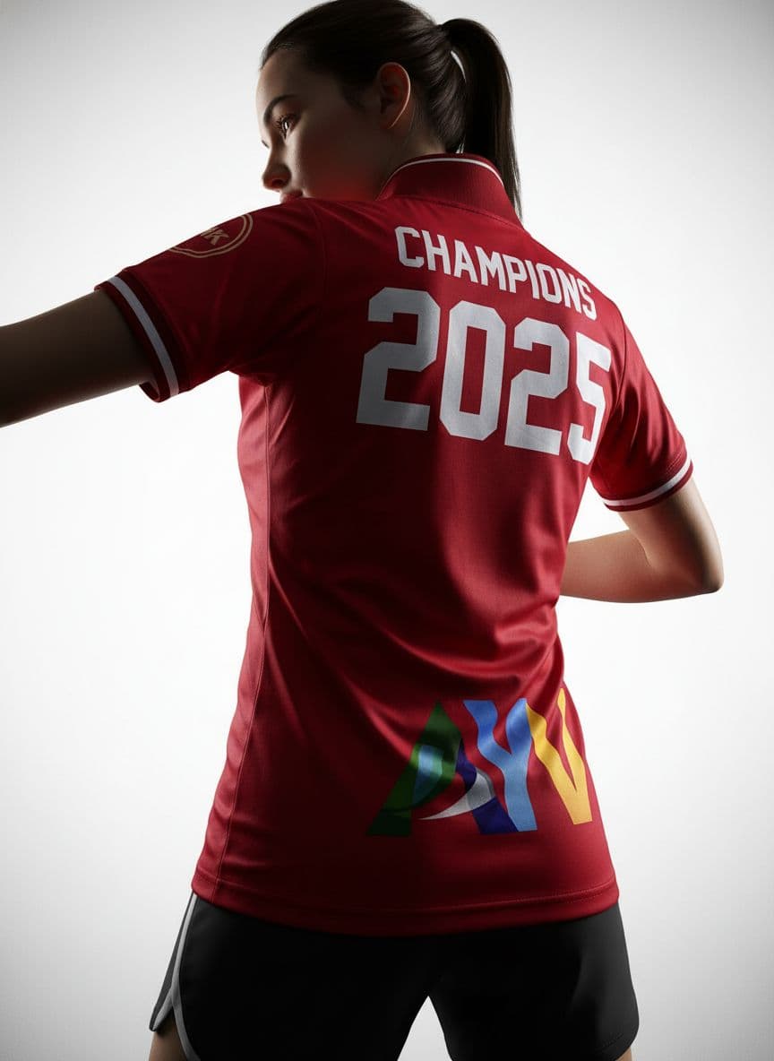 AI generated: A rear female realistic 3D mock-up of a red soccer jersey in a rear-view power pose, focusing on the...