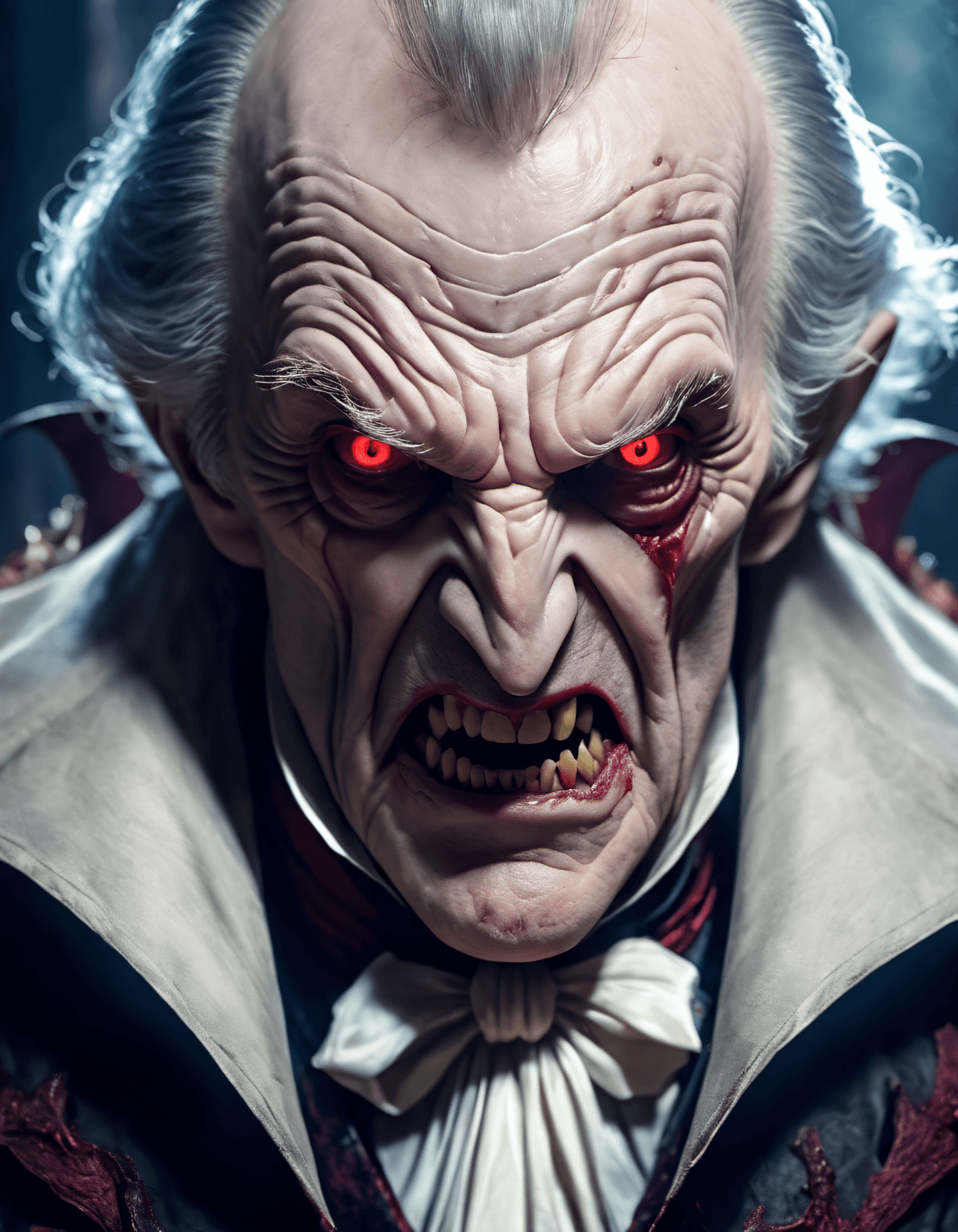 AI generated: Masterpiece, Best Quality, Vampire portrait , an old man , . Hypnotic stare, fangs bared, unnatural ...