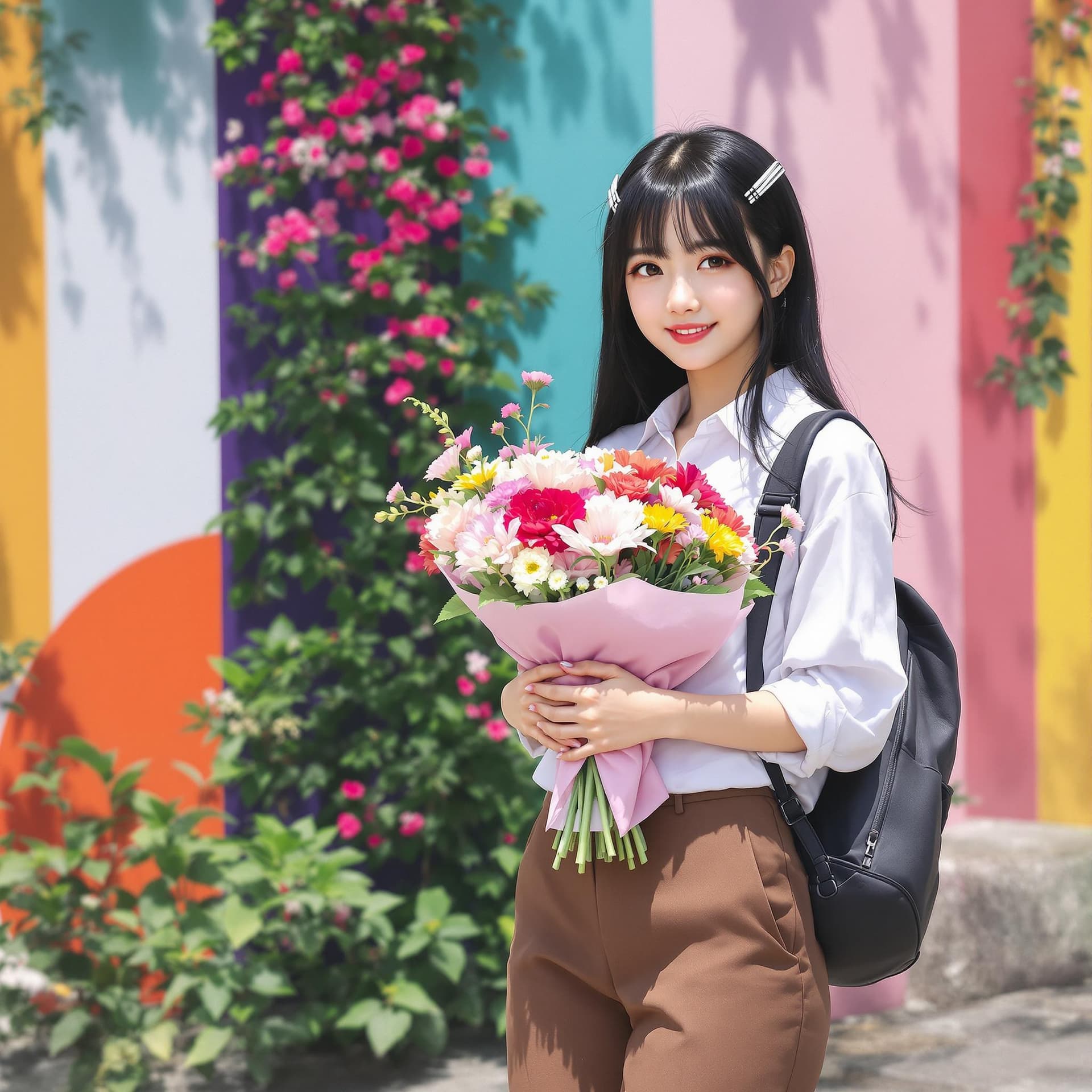 AI generated: In the image, ((full body:1.4)), anime realistic seen standing outdoors, holding a bouquet of flower...