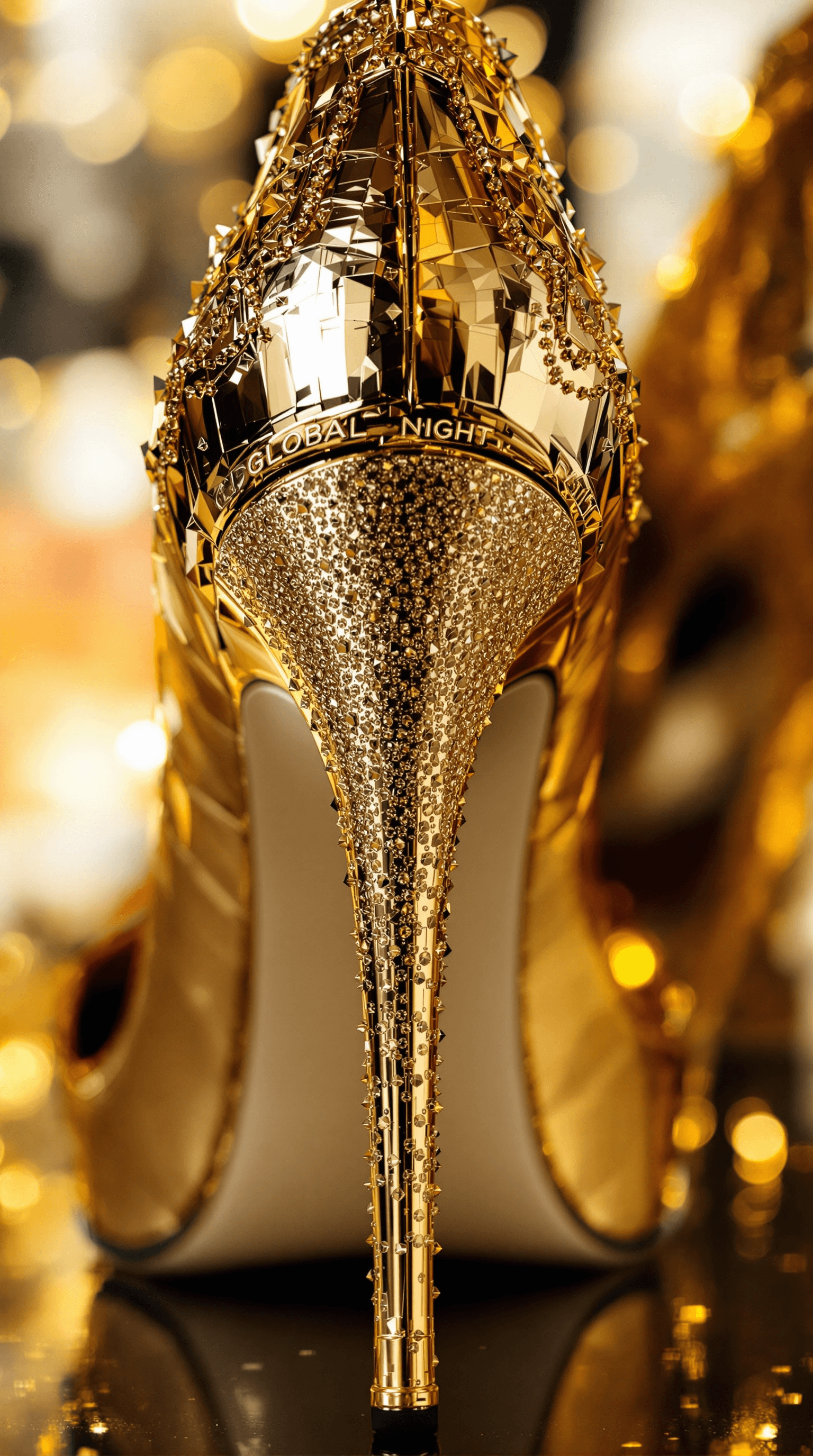 AI generated: sexy extrem high high heel in color gold, on the high heel is the font "GLOBAL NIGHT"