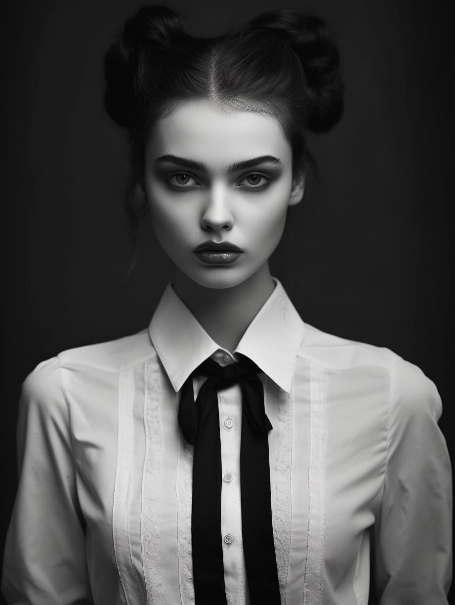 AI generated: a black and white photo of a woman in a vest, nagash editorial, delicate androgynous prince, dress s...