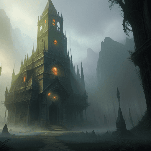 AI generated: A large misty lost fantasy library from the outside in magic the gathering art 4k 60fps