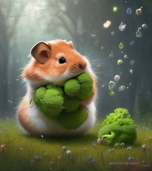 AI generated: mdjrny-v4 style very beautiful portrait of a ginger hamster who is waving goodbye with some broccoli...